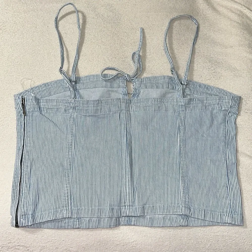 AE Light Blue Pin Stripe Vintage Wash Railroad Denim Cropped Spaghetti Top